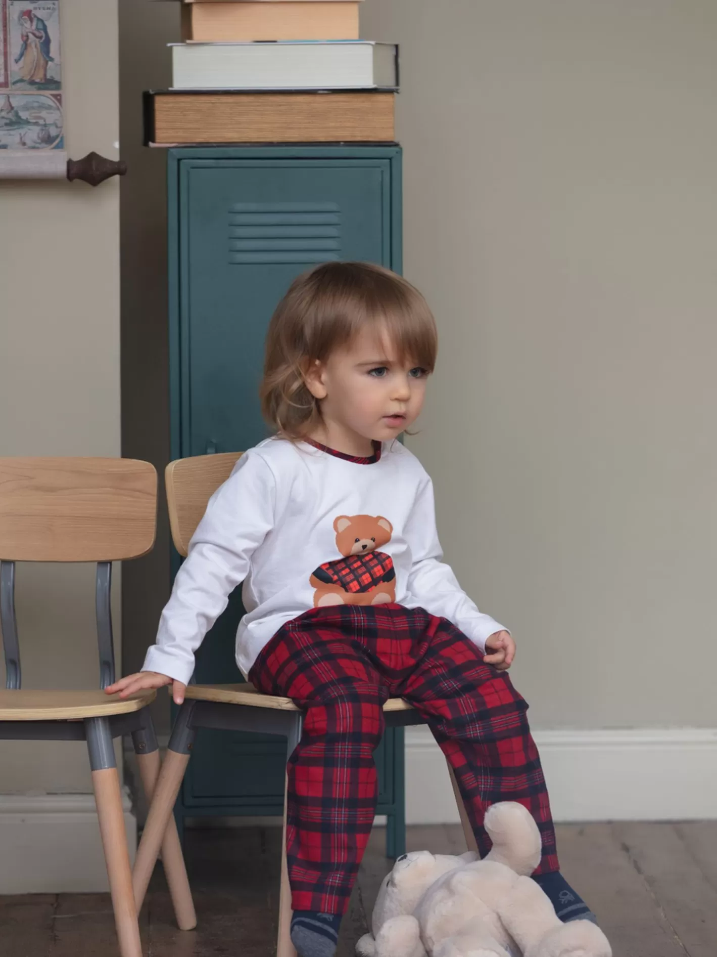 Clearance Patachou Conjunto De Pijama De Malha Laminada Branco E Ao Xadrez Vermelho